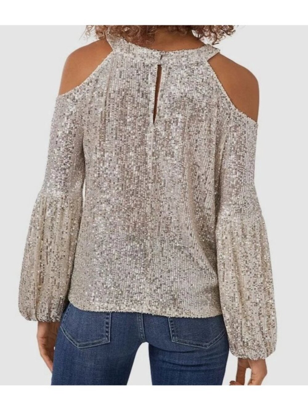 CeCe Sequin Cold Shoulder Blouse Top Silver Women's Size Small new with Tag - Picture 2 of 4
